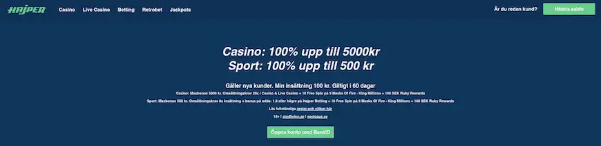 Hajper Casino homepage screenshot