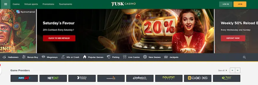 Tusk Casino homepage screenshot
