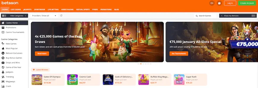 Betsson Casino homepage